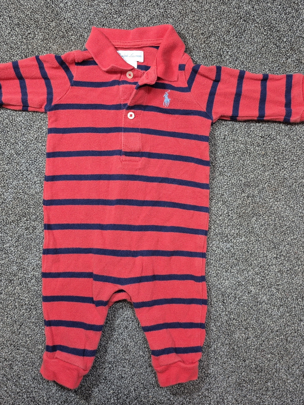 Ralph Lauren Baby Boy 3M Coral Navy Striped Long Sleeve Polo Romper One Piece